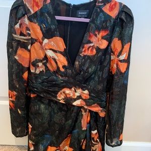 Bardot mini cocktail dress, slight wrap and ruching effect